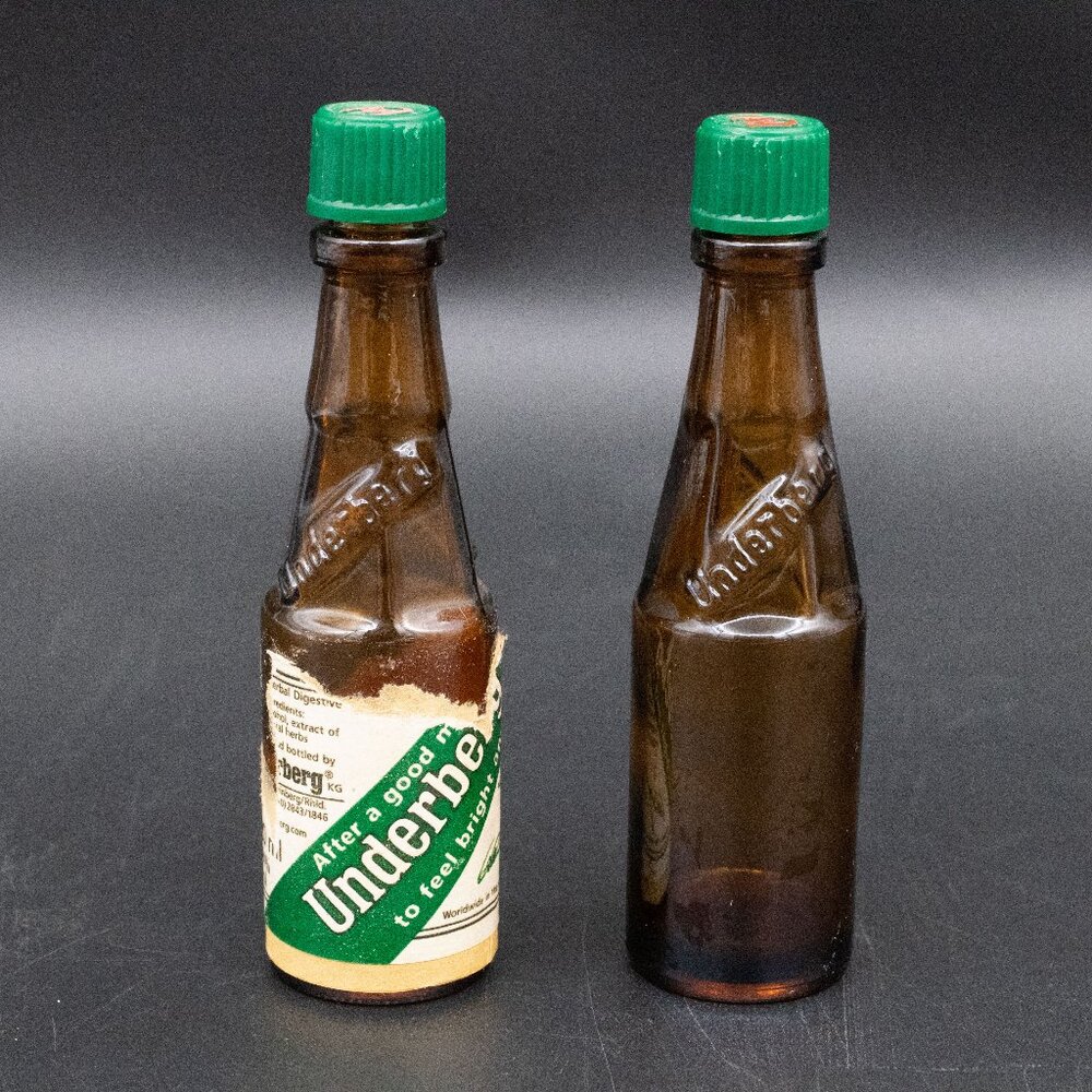 Empty Underberg Bottles w/ Lids - Miniature Brown Glass Bottles Lot of 2